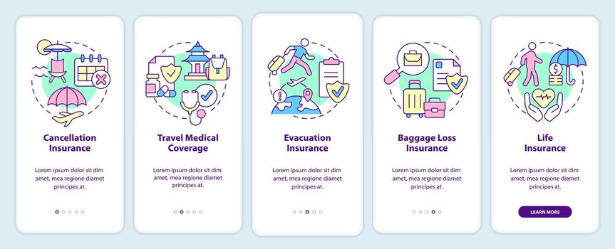 Types of travel insurance onboarding mobile app screen. Tourist coverage walkthrough 5 steps graphic instructions pages with linear concepts. UI, UX, GUI template. Myriad Pro-Bold, Regular fonts used