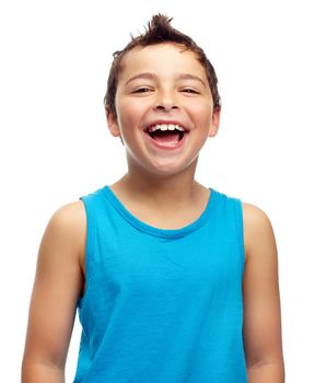 So funny. Portrait of a young boy laughing.