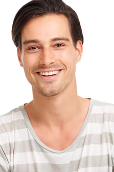 Share the secret of youthful exuberance. Closeup of a laughing young man in a striped t-shirt, isolated on white - copyspace.