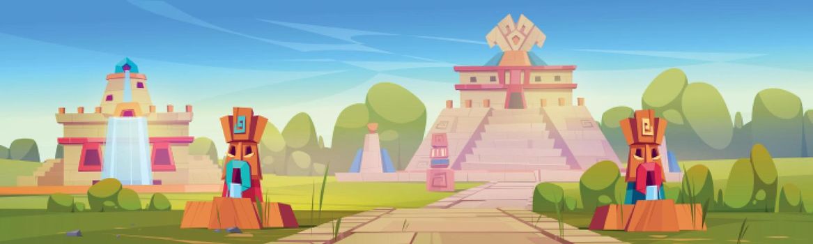 Aztec city with pyramid and statues mayan landmark