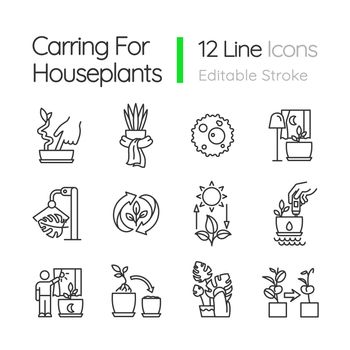 Caring for houseplants linear icons set