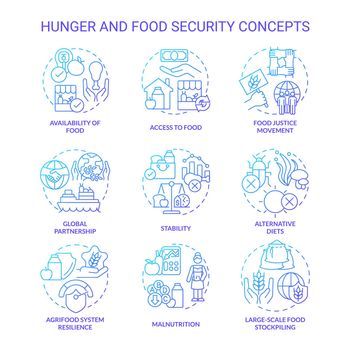 Hunger and food security blue gradient concept icons set