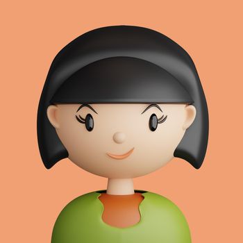 3D cartoon avatar of smiling young  woman.