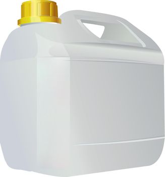 Empty plastic canister with yellow lid for transporting liquid.