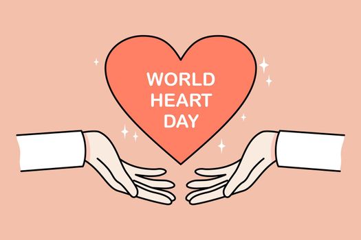 Closeup of hands holding heart symbol support healthcare or medicine. Concept of world heart day celebration. Health care and medical help. Flat vector illustration.