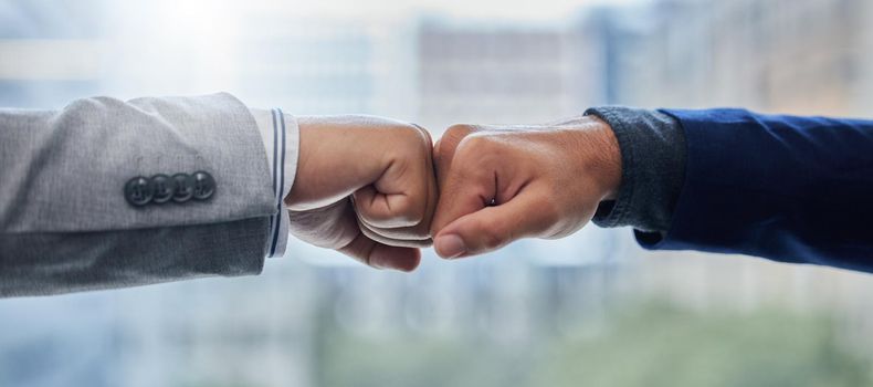 Pound it up dude. Shot of two businesspeople fist bumping one another.