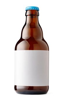 Small glass bottle with beer on a white background