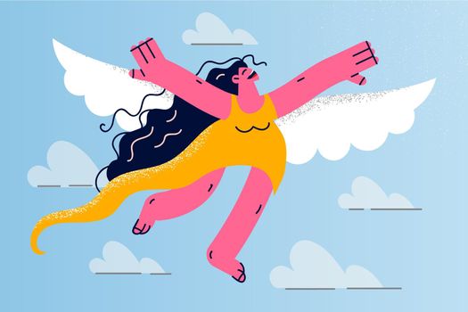 Happy woman with wings flying in sky