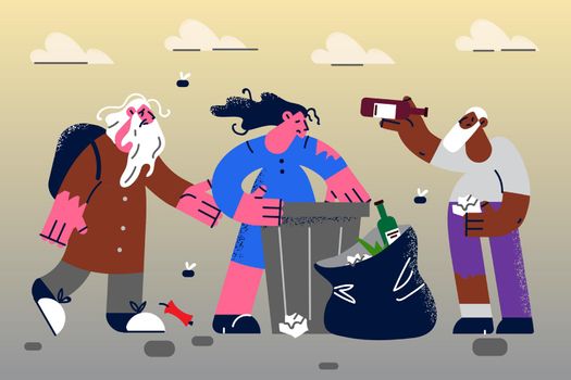 Homeless people in ratty clothes look for food in garbage. Poor persons or refugees delve in trashcan. Beggar problems concept. Homelessness and begging. Flat vector illustration.