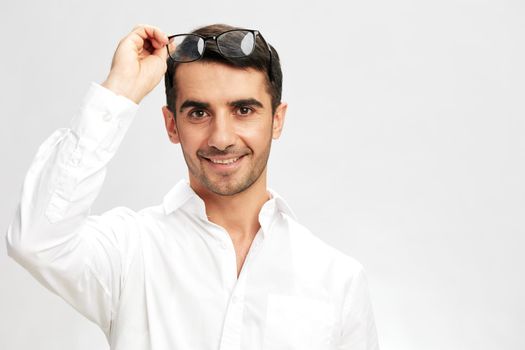 businessmen glasses on the head in white shirts hand gesture copy-space elegant style