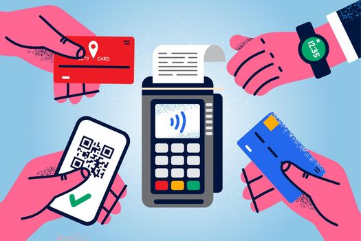 Diverse people hands with smartphone, credit card and smartwatch pay on POS terminal. Clients make payment using contactless wireless method. NFC concept. Vector illustration.