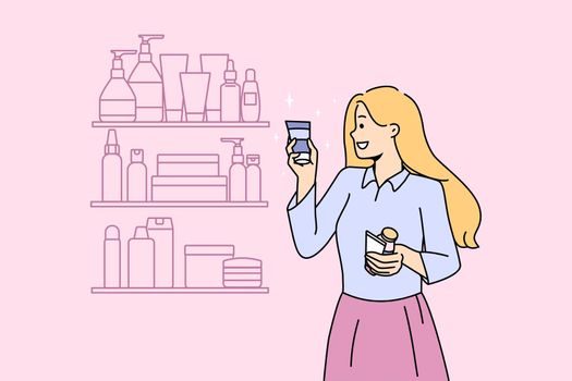 Smiling girl choose beauty product tube from shelf in store. Happy young woman buy cosmetic bottle or perfume from cosmetology store. Skincare and facial treatment. Vector illustration.