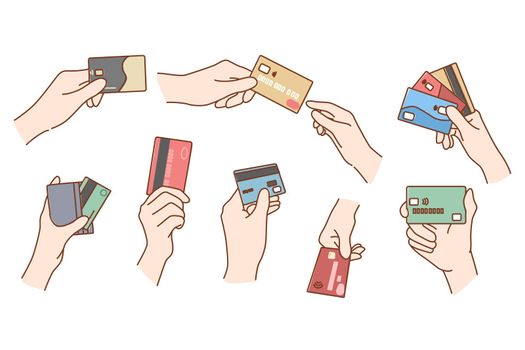 Set of people hold credit cards for online payment
