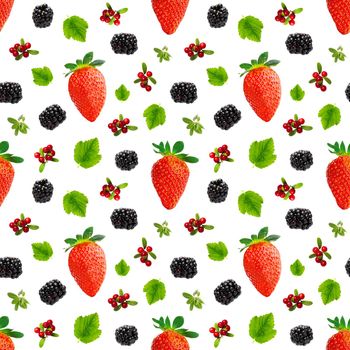 Falling berries seamless pattern isolated on white background, different flying forest berries.