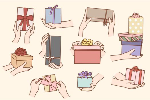 Collection of people hold boxes congratulate greet with birthday or special occasion. Set of person make surprise with gifts or presents. Congratulation concept. Flat vector illustration.