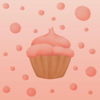 hand drawn cupcake and dots in coral pink color palette, texture effect of chalk or crayon