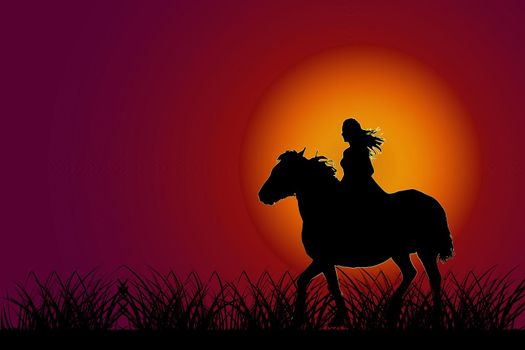 Girl on horse at sunset. Horse with rider silhouette on sundown sky background.