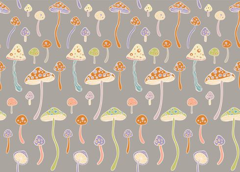 Magic mushrooms seamless pattern. Psychedelic hallucination. 60s hippie retro art. Vintage psychedelic textile, fabric, wrapping, wallpaper. Vector illustration.