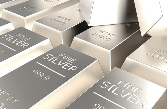 stock of silver bullion in silvered background 3d rendering illustration