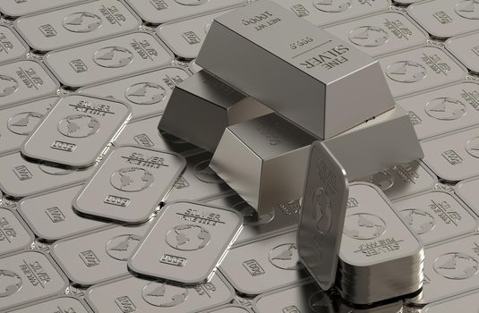 stock of silver bullion in silvered background 3d rendering illustration