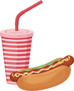 Hot dogs.Fast food. hot dog and carbonated drink. Hot dog with a glass with a straw. Vector illustration isolated on a white background