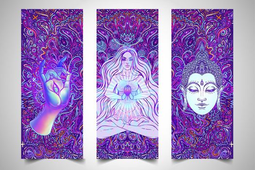 Yoga card, flyer, poster, mat design. Colorful template for spiritual retreat or yoga studio. Ornamental business cards. Vector illustration