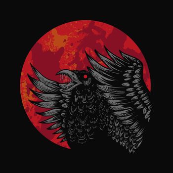Crow Red Moon Vector illustration