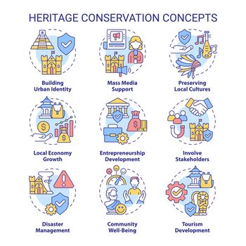 Heritage conservation concept icons set