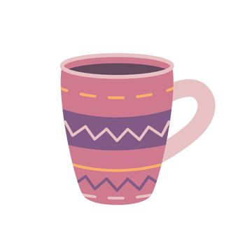 Pink mug with coffee or tea decorated with patterns, vector illustration in flat style