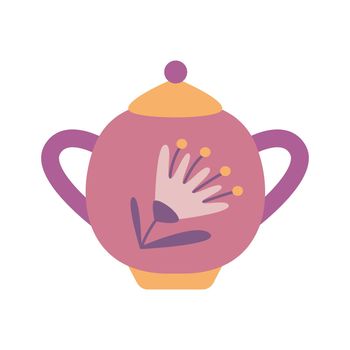Ceramic sugar bowl decorated with flower, vector flat illustration