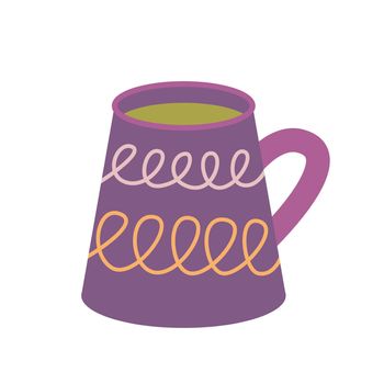 Large purple mug with tea, abstract pattern, vector flat illustration