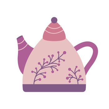 Tea kettle decorated twigs with berries, vector flat illustration
