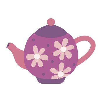 Purple teapot decorated with flowers, vector illustration in flat style