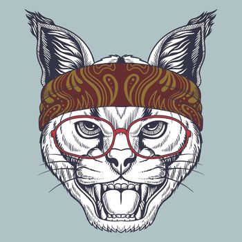 Caracal wild cat hand drawn wearing a red glasses and bandana 