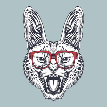 Serval angry hand drawn wearing a glasses 