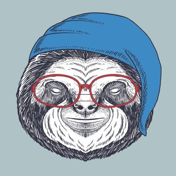 Sloth sleeping hand drawn wearing a red glasses and sleeping hat