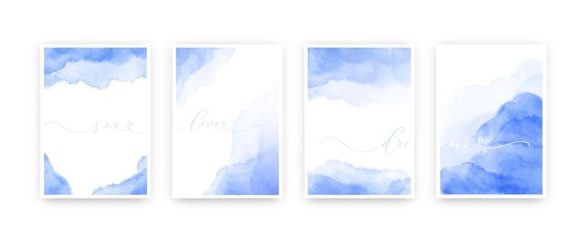 Blue watercolor wet wash splash 5x7 poster background template. Sea, love, dreams calligraphy inscription.