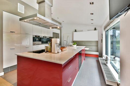 The interior of an open rich kitchen