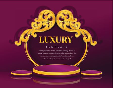Stage podium or product stand on red velvet curtain background with luxury and elegant fashion concept. 