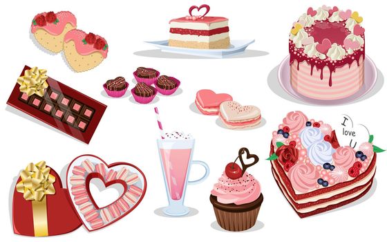 Set of Valentine's Day desserts, sweet foods, bakery products containing: cookies, cakes, macarons, chocolate, milkshake, cupcake, truffles. Vector illustration