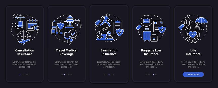 Types of travel insurance night mode onboarding mobile app screen. Walkthrough 5 steps graphic instructions pages with linear concepts. UI, UX, GUI template. Myriad Pro-Bold, Regular fonts used