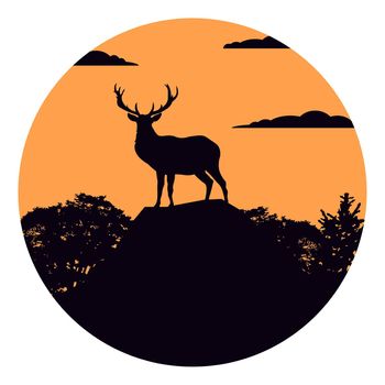 Deer with antlers posing on the top of the hill with mountains and the forest in background. Silhouette illustration. EPS