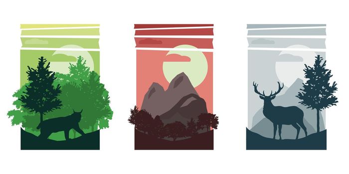 Set of abstract banners of wild animals in hills of forest with trunks of trees in different colors EPS vector
