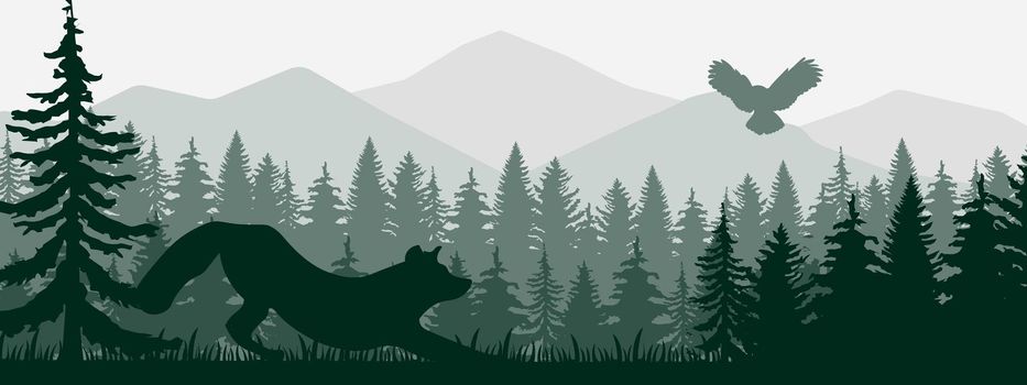 Wondering fox, forest background, silhouettes of trees. Magical misty landscape. Green illustration EPS