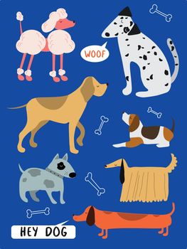 Cute funny cartoon dogs vector puppy pet characters different breads doggy illustration. Furry human friends home animals EPS