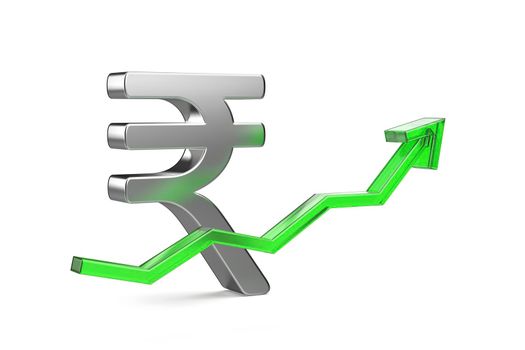 Indian rupee symbol with green arrow pointing up