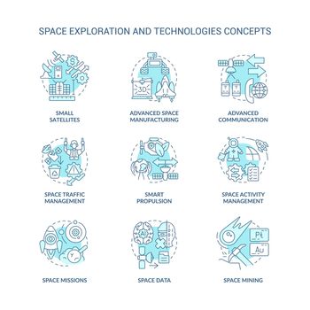 Space exploration and technology turquoise concept icons set