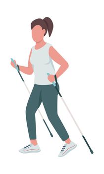 Woman using trekking poles in trail running semi flat color vector character