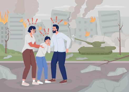 Terrified family in destroyed city flat color vector illustration