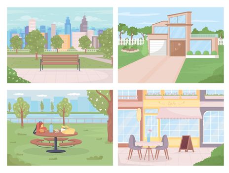 Public areas in city for relaxation flat color vector illustration set